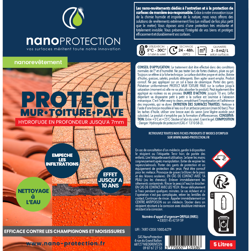 Hydrofuge nano protection anti mousse contre les infiltrations mur tuile pavé